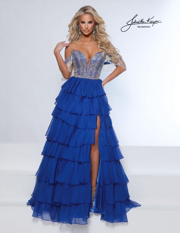 Royal blue off-shoulder evening gown with rhinestone bodice, high slit, and cascading ruffle skirt - stunning choice for prom, homecoming court, or pageants.